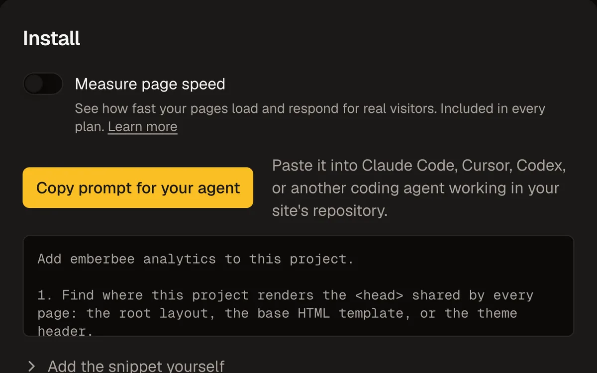 The Install card in site settings: a Copy prompt for your agent button above the start of a prompt to paste into a coding agent, with the snippet folded away below.